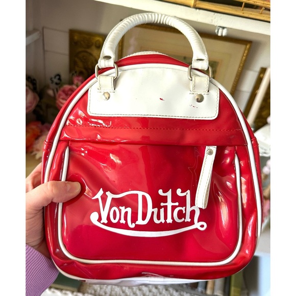Von Dutch Vintage Y2K Red Patent Bowling Bag Purse White Trim - Picture 10 of 12